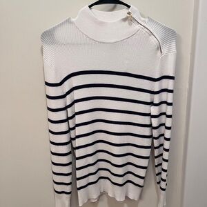 White and Black Cowl Neck Sweater with Stripes